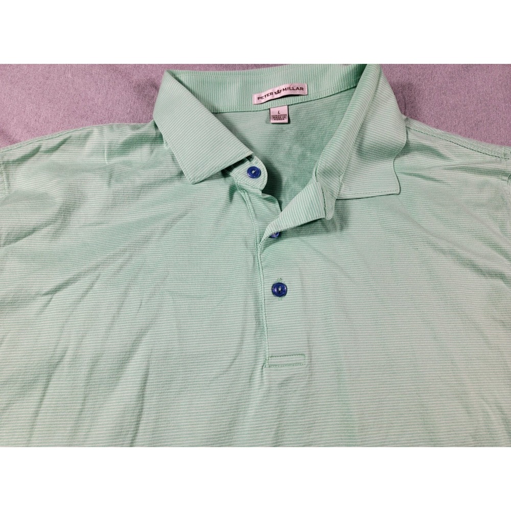 Peter Millar Polo Shirt Men's Large Mint‎ Green Striped, Short Sleeve, Cotton
